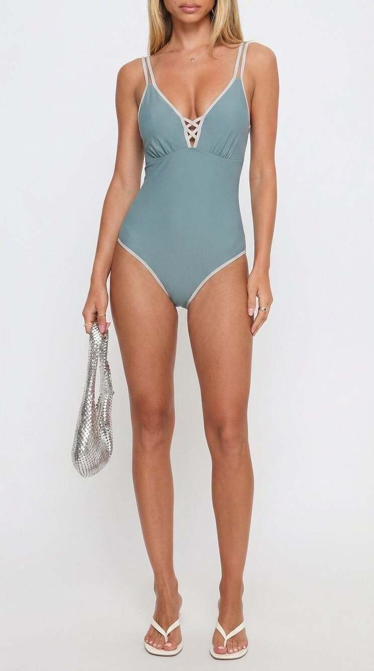 Ai'Mage Women's V-Neck Contrast Trim One-Piece Swimsuit with Criss-Cross Straps